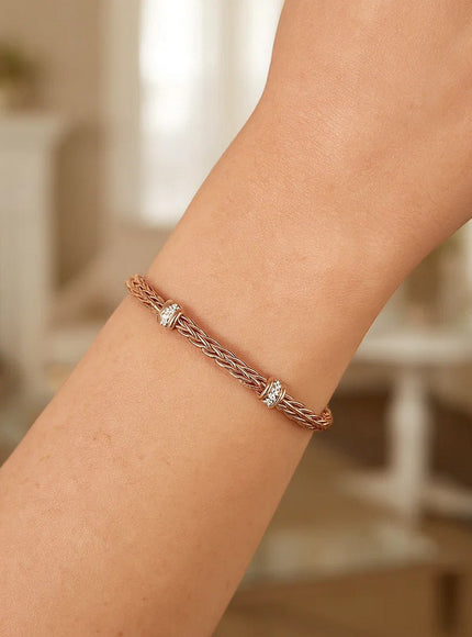Polished Woven Rope Bracelet with Diamond Accents in 14k Rose Gold