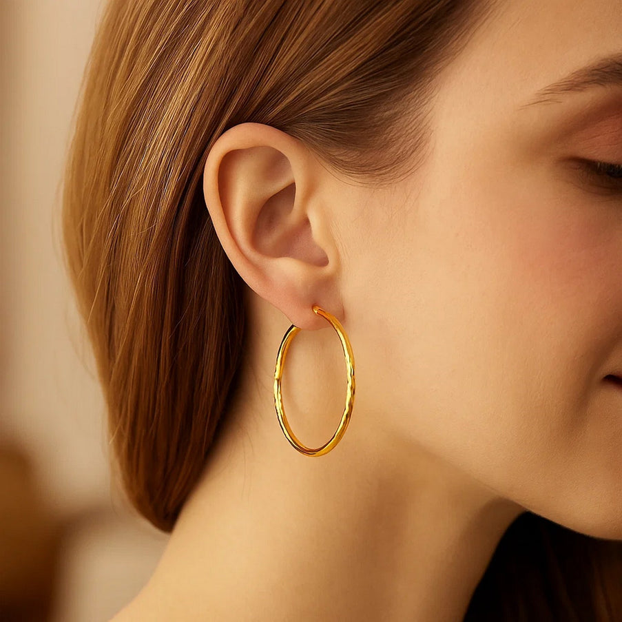 14k Yellow Gold Fancy Diamond Cut Extra Large Hoop Earrings (45mm Diameter)