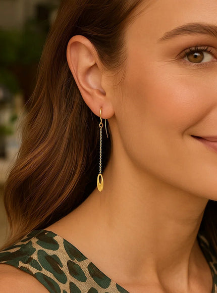 14k Yellow Gold Cutout Oval Chain Dangling Earrings