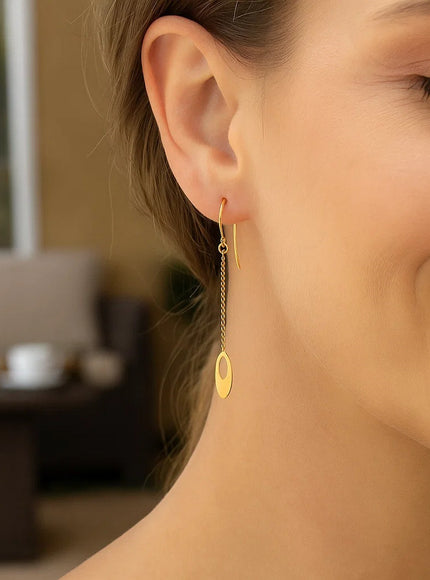 14k Yellow Gold Cutout Oval Chain Dangling Earrings