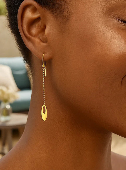 14k Yellow Gold Cutout Oval Chain Dangling Earrings