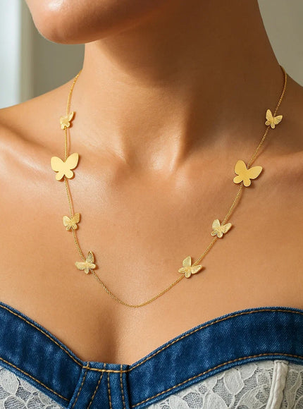 14k Yellow Gold Papillon Graduated Butterfly Necklace