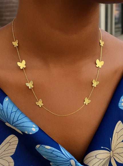 14k Yellow Gold Papillon Graduated Butterfly Necklace