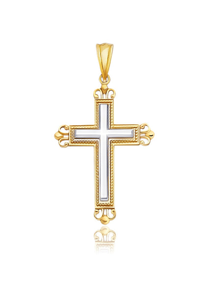 14k Two-Tone Gold Cross Pendant with an Ornate Budded Style