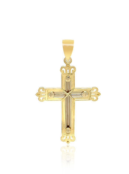 14k Two-Tone Gold Cross Pendant with an Ornate Budded Style