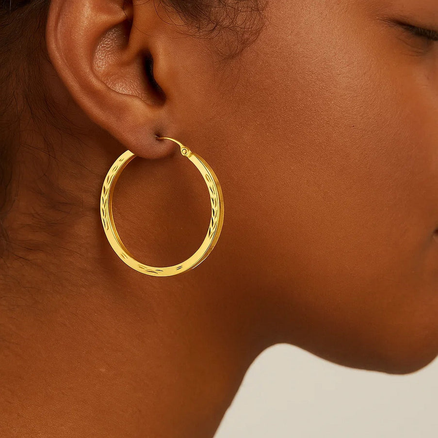 14k Yellow Gold Diamond Cut Hoop Earrings