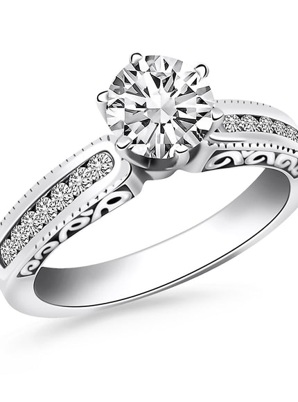 14k White Gold Channel Set Engagement Ring with Engraved Sides