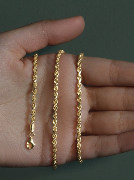 3.0mm 14k Yellow Gold Solid Diamond Cut Rope Chain