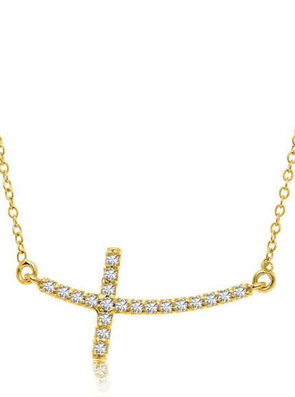 14k Yellow Gold Curved Crucifix Diamond Accented Necklace (.21cttw)