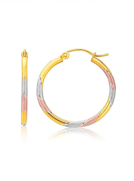 14k Tri-Color Textured Hoop Earrings (1inch Diameter)