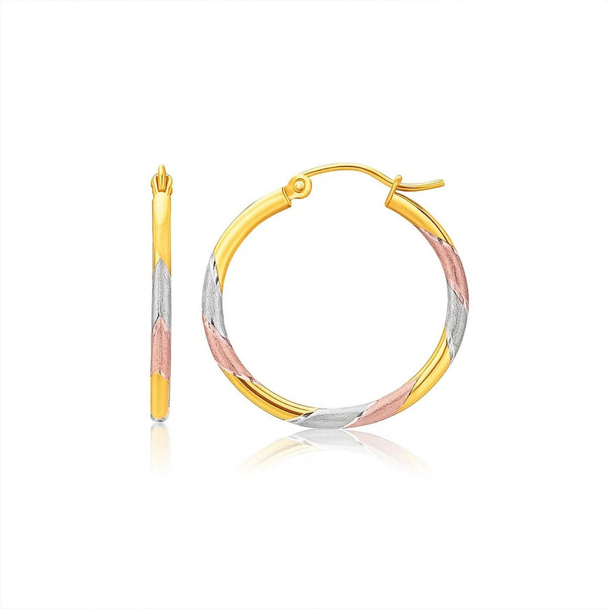14k Tri-Color Textured Hoop Earrings (1inch Diameter)
