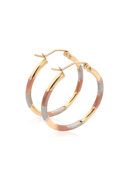 14k Tri-Color Textured Hoop Earrings (1inch Diameter)
