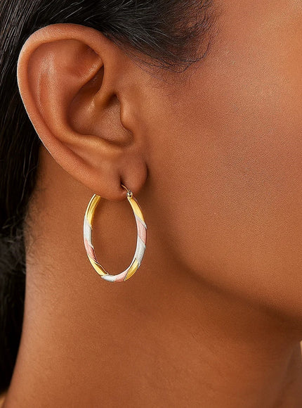 14k Tri-Color Textured Hoop Earrings (1inch Diameter)