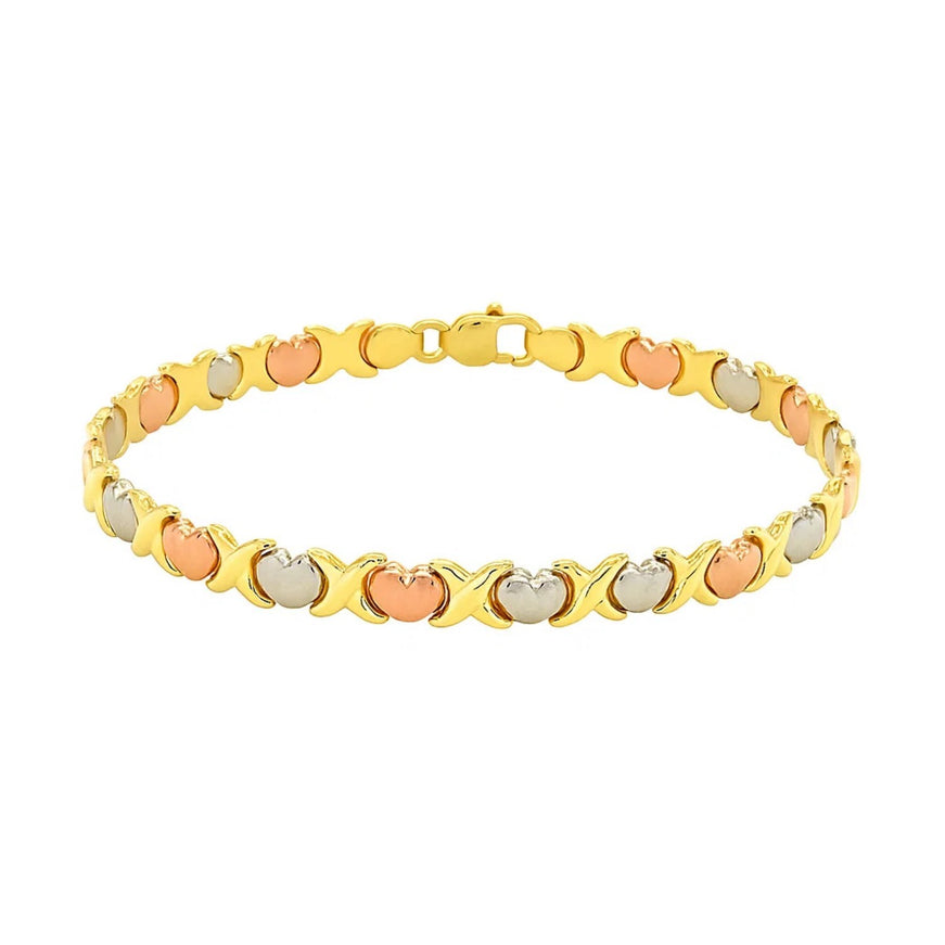 14k Tri-Color Gold Fancy Satin Heart Line Bracelet