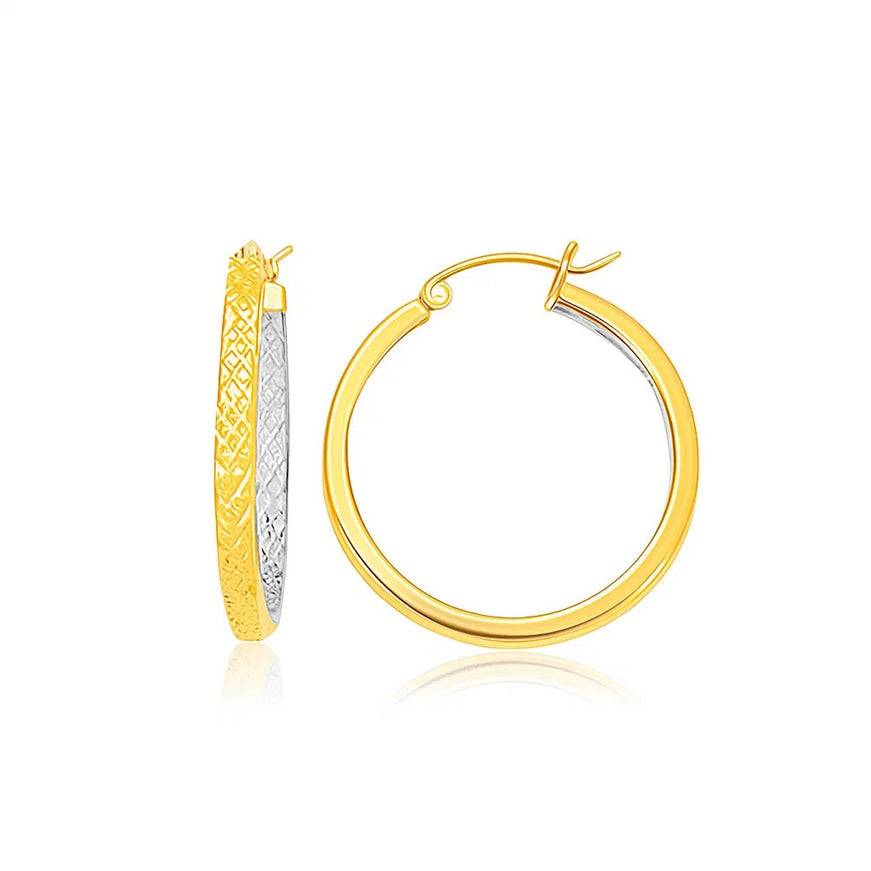 Two-Tone Yellow and White Gold Petite Patterned Hoop Earrings