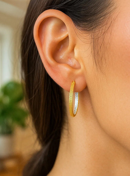 Two-Tone Yellow and White Gold Petite Patterned Hoop Earrings