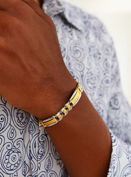 14k Two-Tone Gold Men's Bracelet with Fancy Rounded Bars