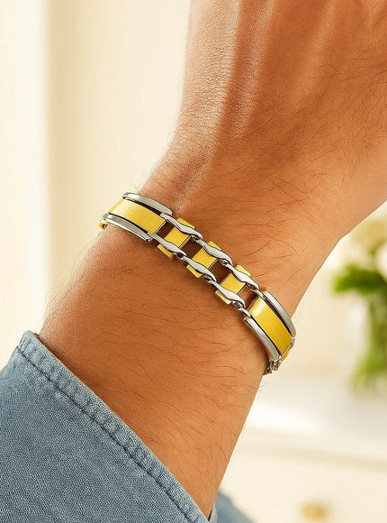 14k Two-Tone Gold Men's Bracelet with Fancy Rounded Bars