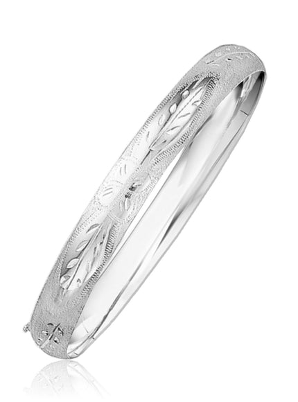 Classic Floral Carved Bangle in 14k White Gold (8.0mm)