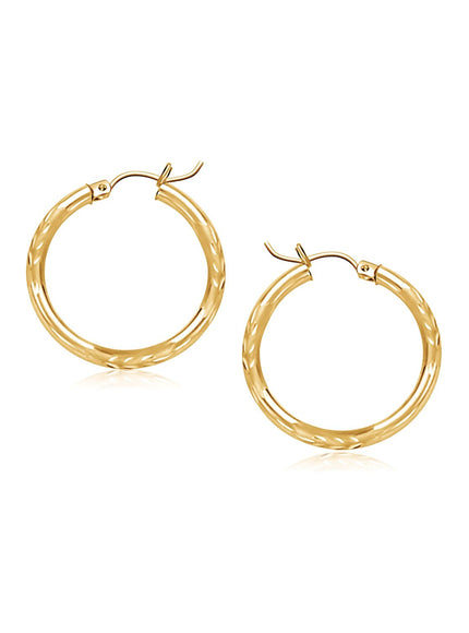 14k Yellow Gold Fancy Diamond Cut Slender Small Hoop Earrings (15mm Diameter)
