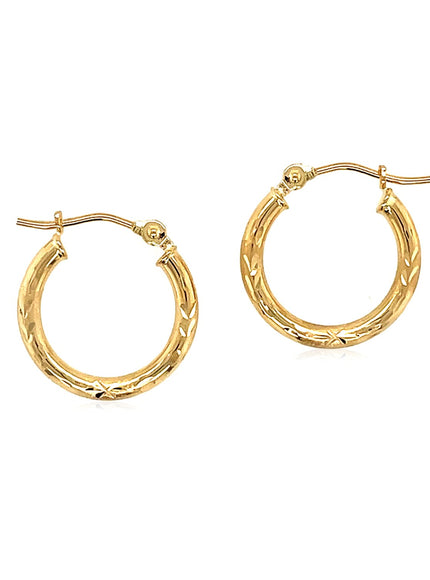14k Yellow Gold Fancy Diamond Cut Slender Small Hoop Earrings (15mm Diameter)