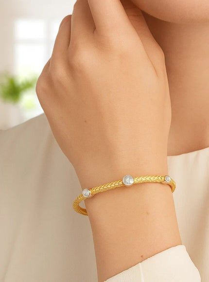 14k Two-Tone Gold Diamond Accent Station Basket Weave Bracelet