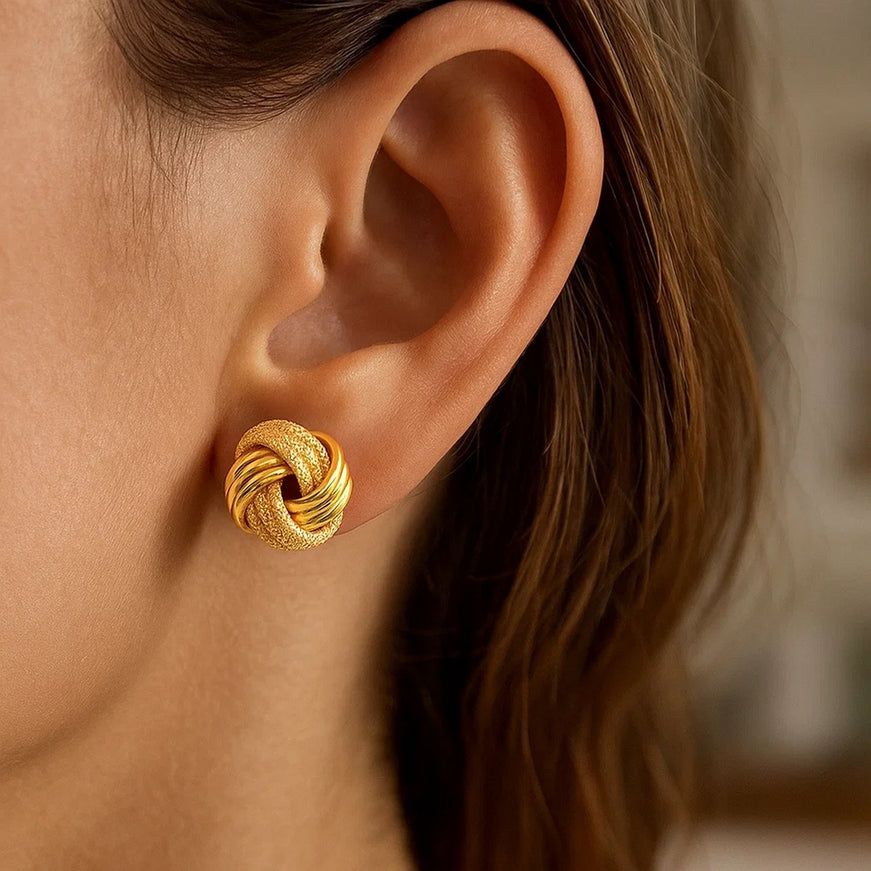 14k Yellow Gold interweaved Love Knot Stud Earrings