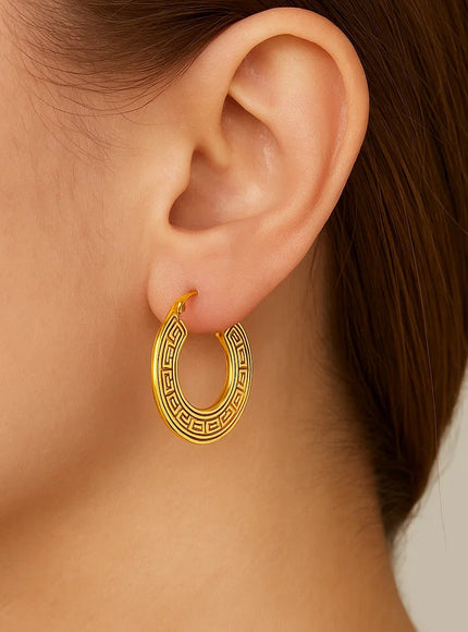 14k Yellow Gold Greek Key Small Hoop Earrings