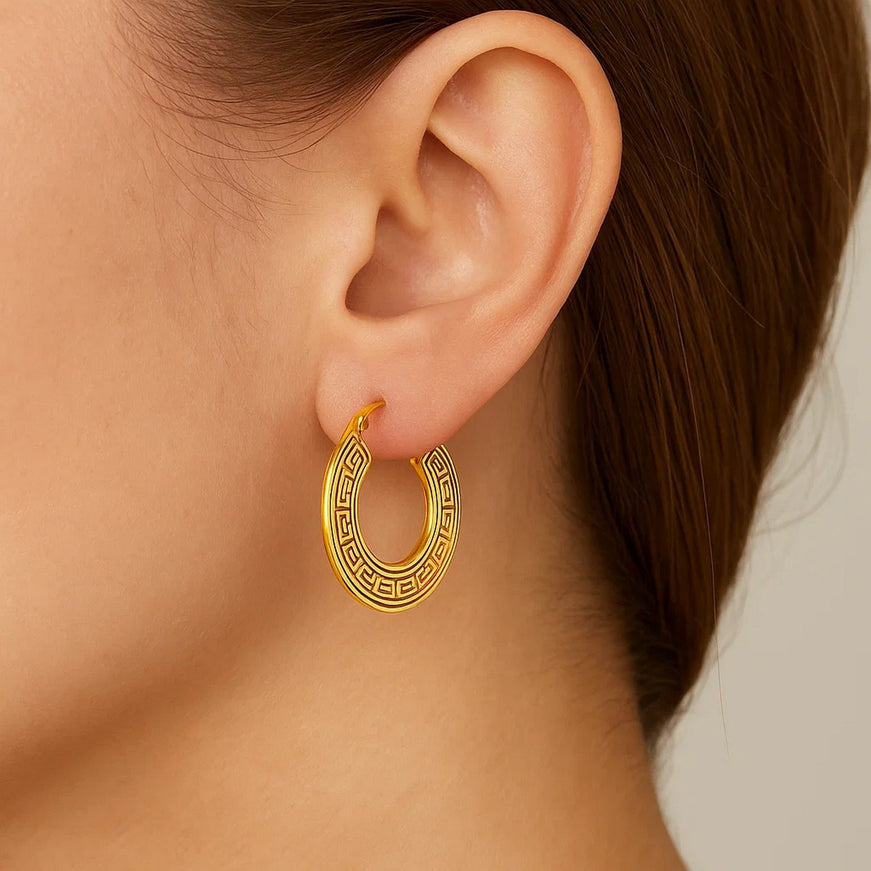 14k Yellow Gold Greek Key Small Hoop Earrings