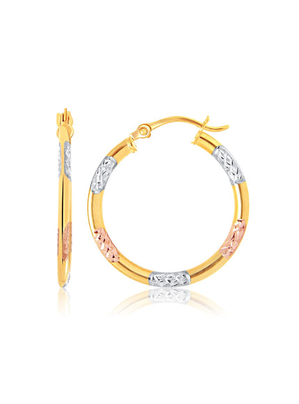 14k Tri-Color Gold Classic Hoop Earrings with Diamond Cut Details