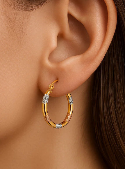 14k Tri-Color Gold Classic Hoop Earrings with Diamond Cut Details
