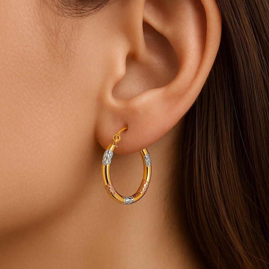 14k Tri-Color Gold Classic Hoop Earrings with Diamond Cut Details