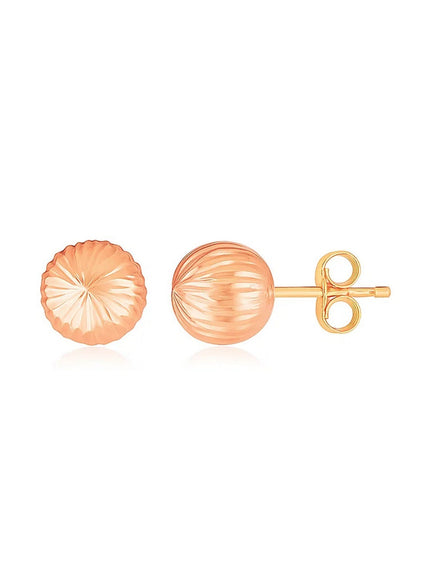 14K Rose Gold Ball Earrings with Linear Texture