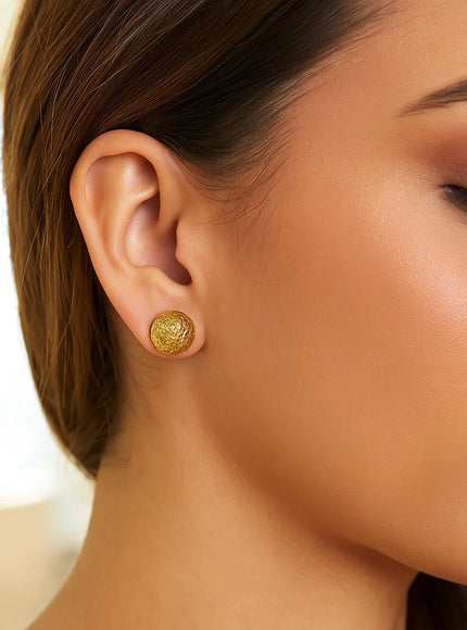 14k Yellow Gold Puff Round Earrings with Diamond Cuts