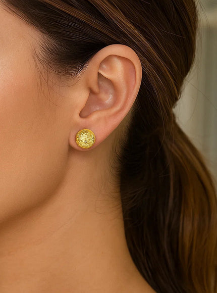 14k Yellow Gold Puff Round Earrings with Diamond Cuts