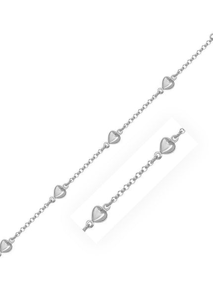 14k White Gold Rolo Chain Bracelet with Puffed Heart Stations