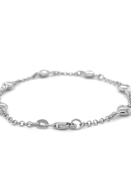 14k White Gold Rolo Chain Bracelet with Puffed Heart Stations