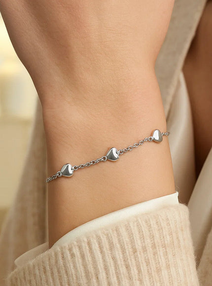 14k White Gold Rolo Chain Bracelet with Puffed Heart Stations