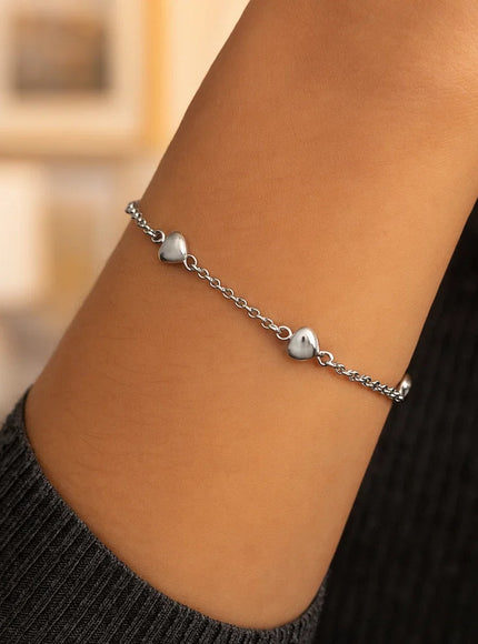 14k White Gold Rolo Chain Bracelet with Puffed Heart Stations