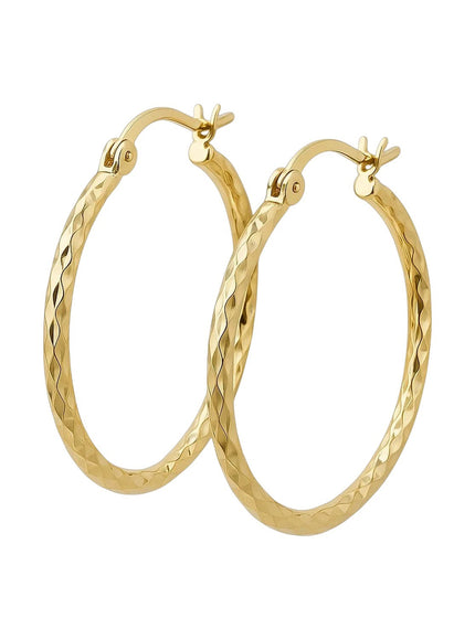 14k Yellow Gold Slender Hoop Earring with Diamond-Cut Finish (25mm Diameter)