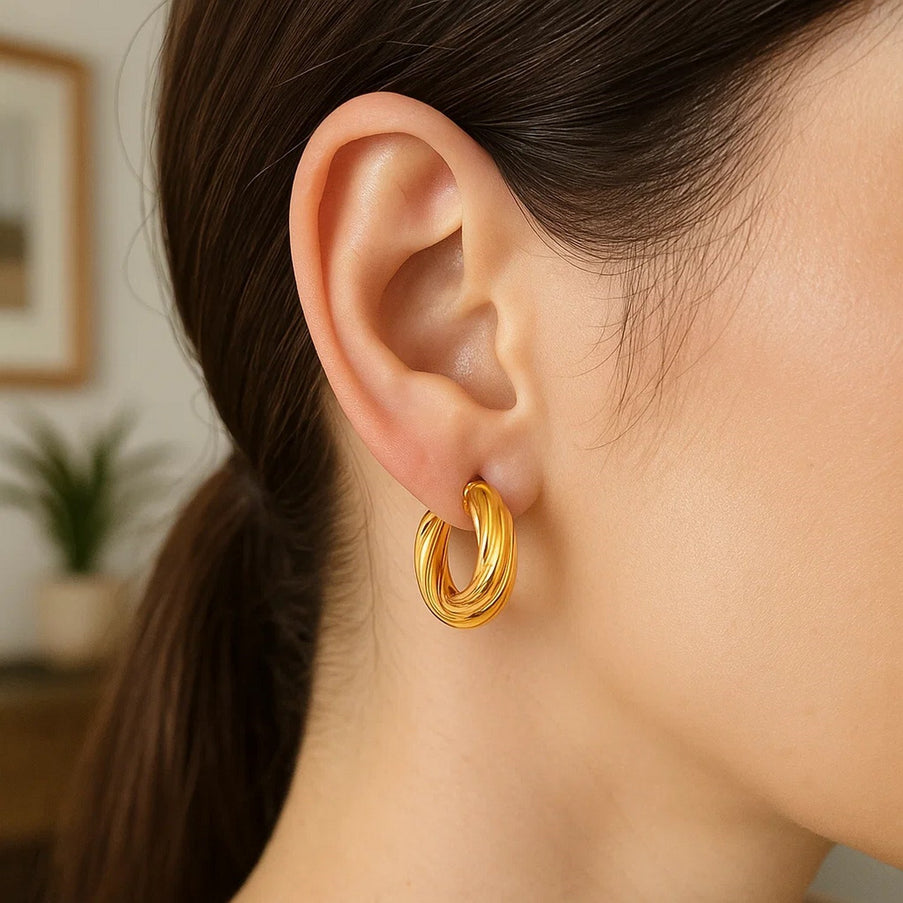 14k Yellow Gold Fancy Twist Hoop Earrings (7/8 inch Diameter)