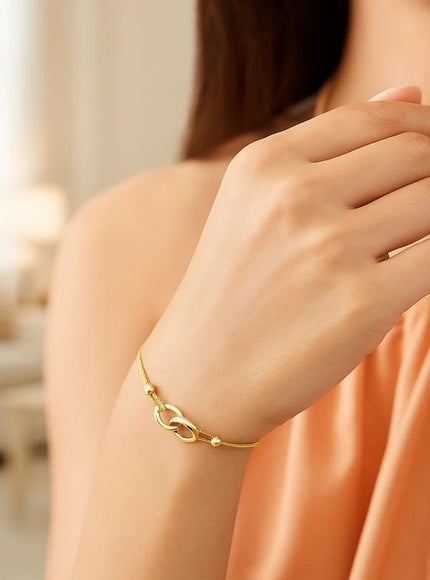 14k Yellow Gold Entwined Rings Adjustable Lariat Style Bracelet