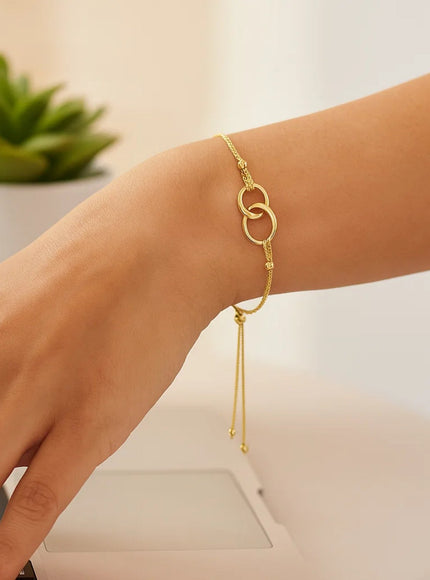 14k Yellow Gold Entwined Rings Adjustable Lariat Style Bracelet
