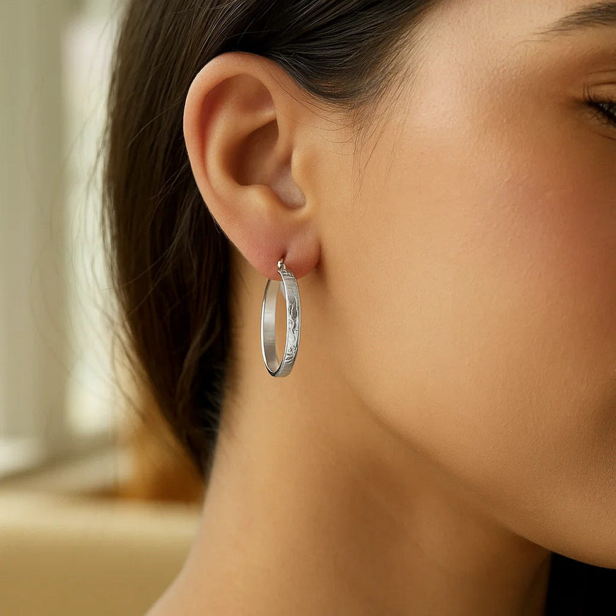 Sterling Silver Hammered Style Hoop Earrings (4x30mm)