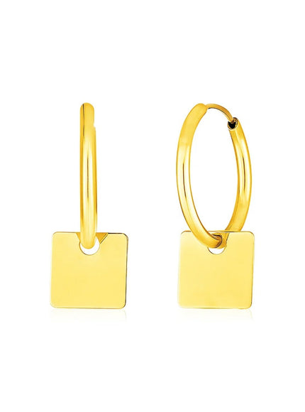 14k Yellow Gold Huggie Style Hoop Earrings with Square Drops