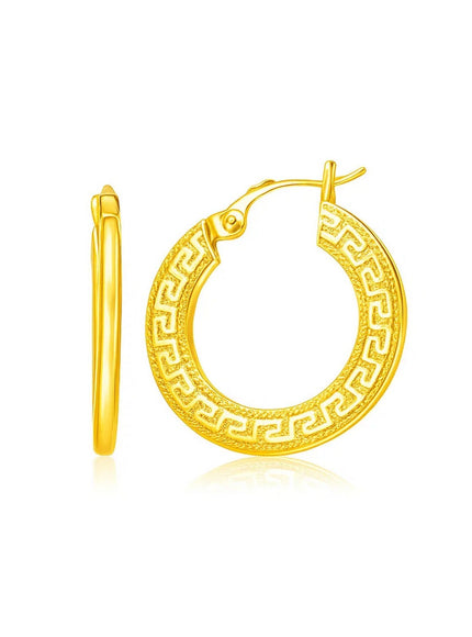 14k Yellow Gold Greek Key Medium Hoop Earrings with Flat Sides