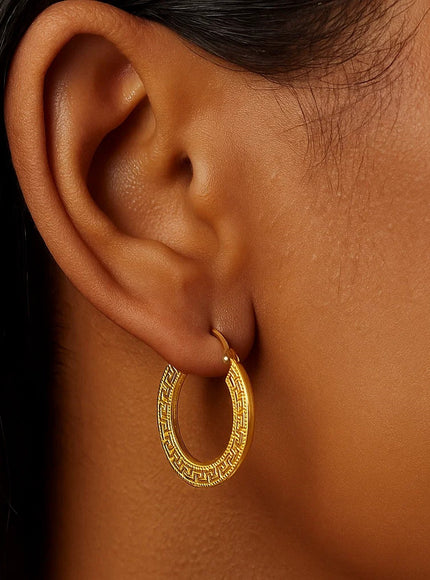 14k Yellow Gold Greek Key Medium Hoop Earrings with Flat Sides
