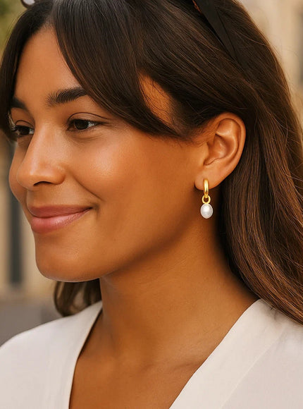 14k Yellow Gold Small Hoop Earrings with Pearls