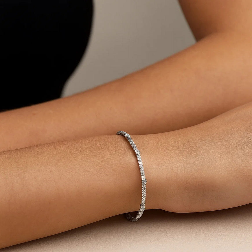 14k White Gold Diamond Accent Station Basket Weave Bracelet