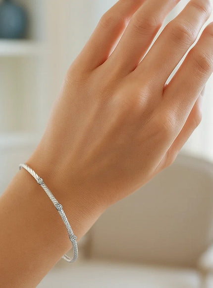 14k White Gold Diamond Accent Station Basket Weave Bracelet